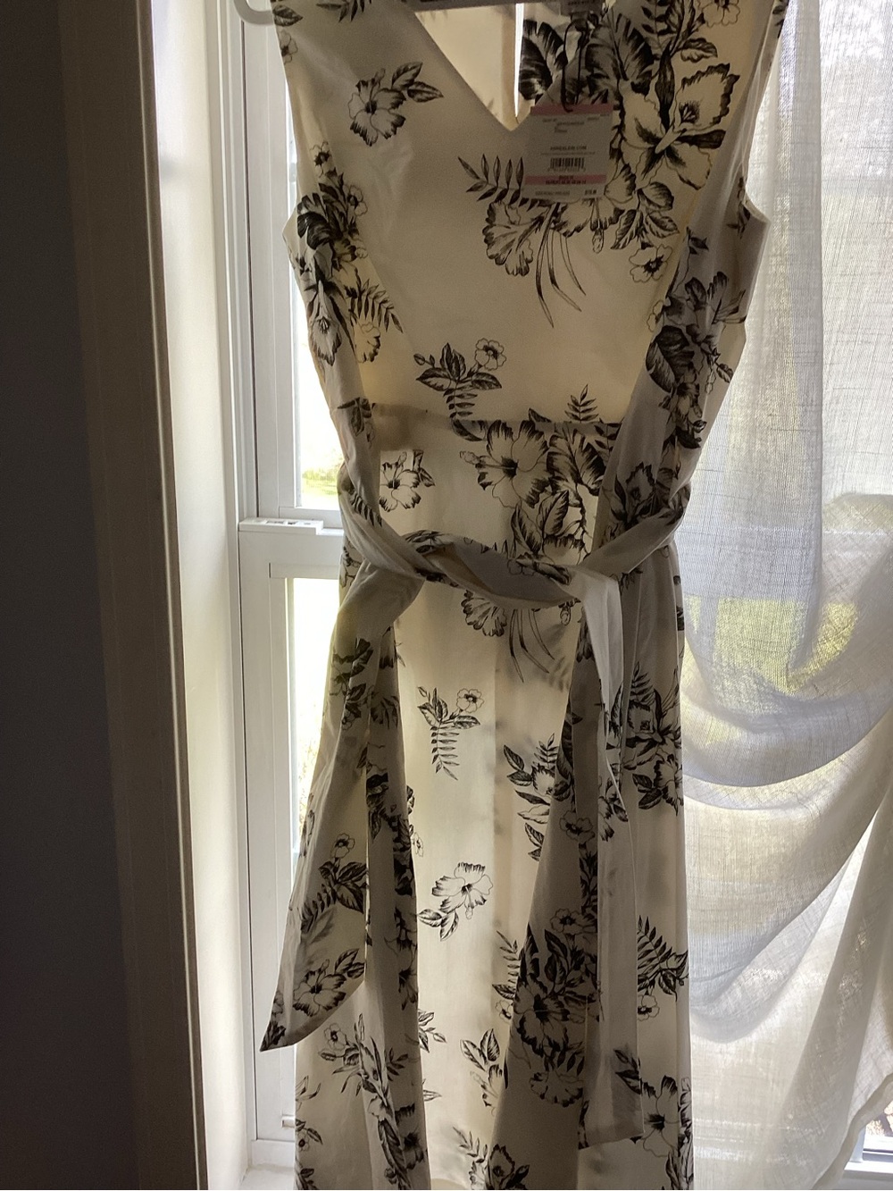 Anne Klein Cream Midi Dress with Black Floral Print and Tie Waist